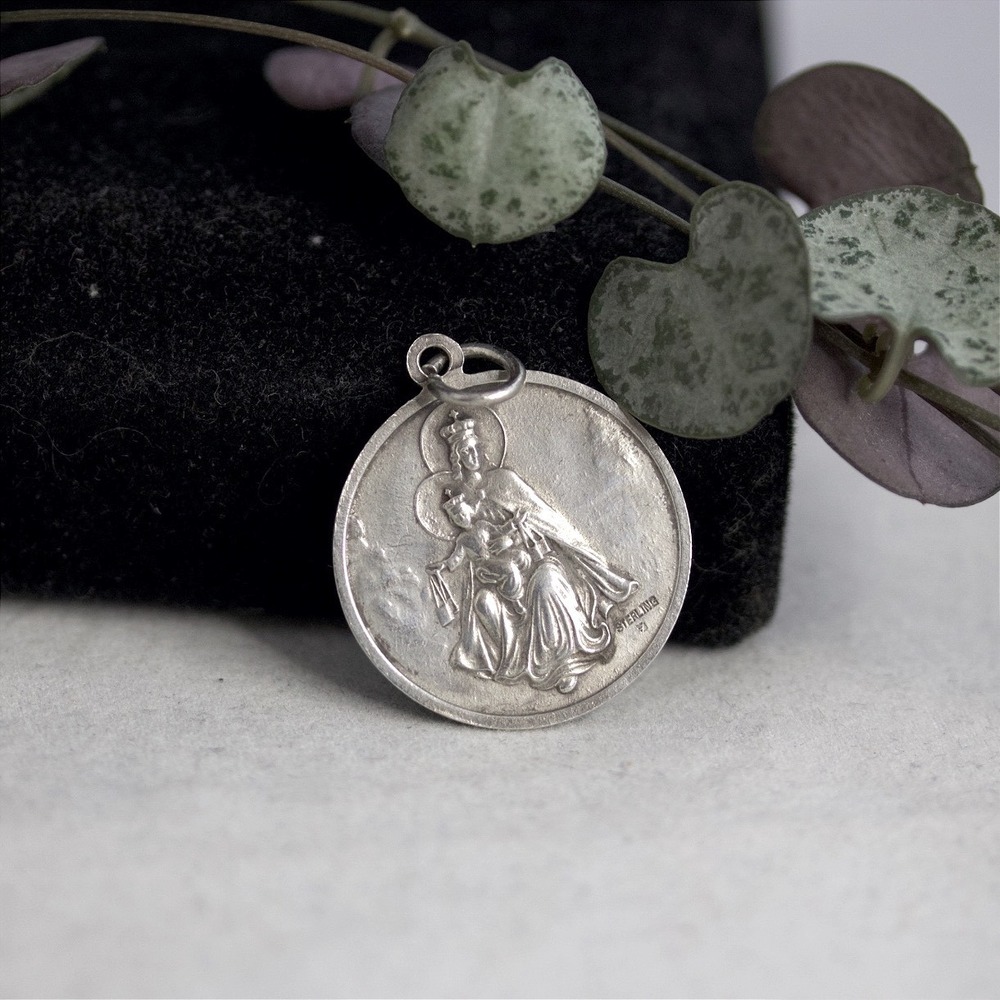 Vintage Sterling Silver Sacred Heart Jesus Our Lady of Mount Carmel Medal 0.75in